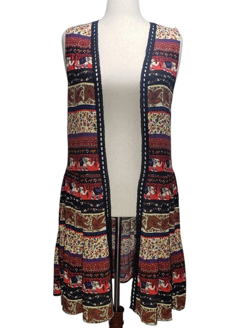 Monteau Elephant Tribal Boho Kimono M Open Front Sleeveless Longline Cardigan